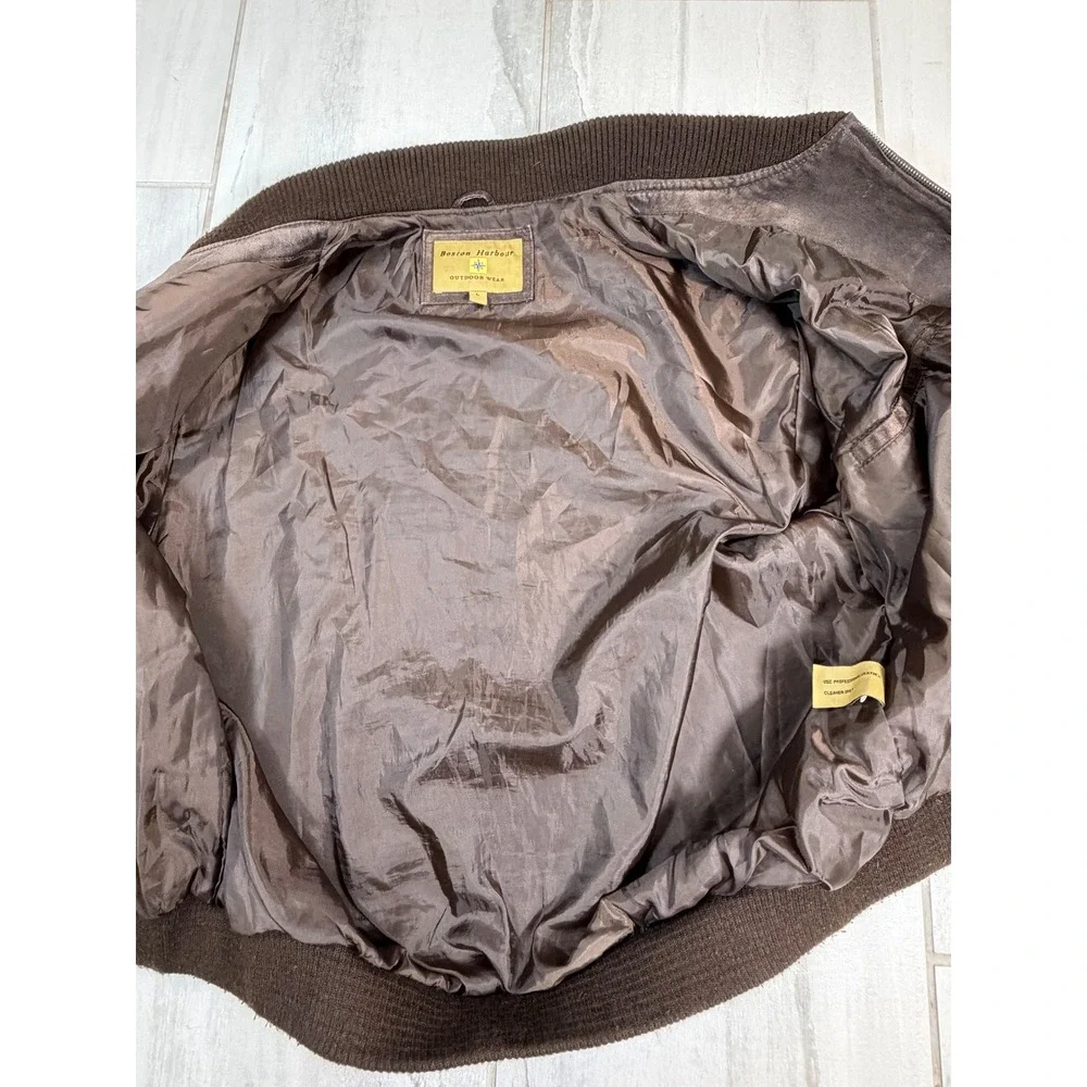 Boston Harbour Brown Suede Leather Bomber Jacket Mens Large Full Zip Outdoor